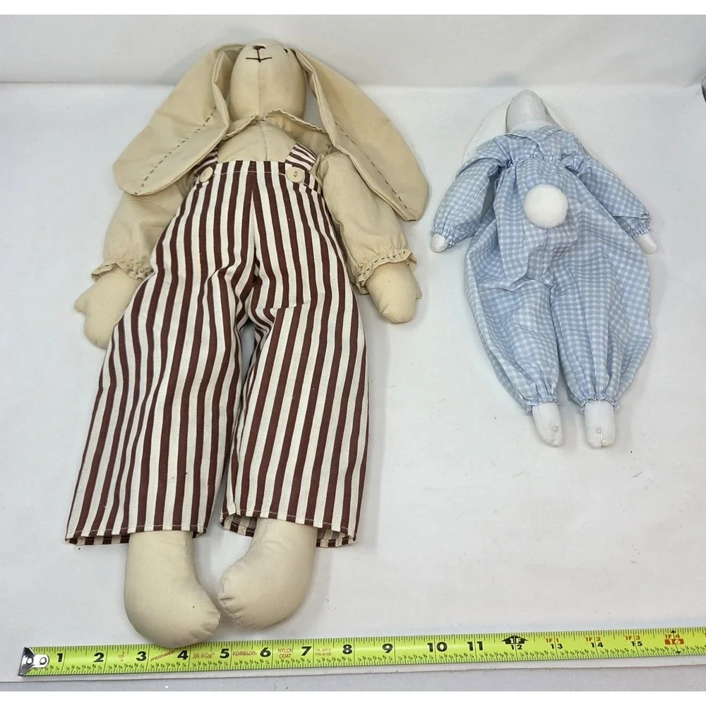 Country Farmhouse Fabric Bunny Rabbit Doll Pair Retro Striped Gingham Décor